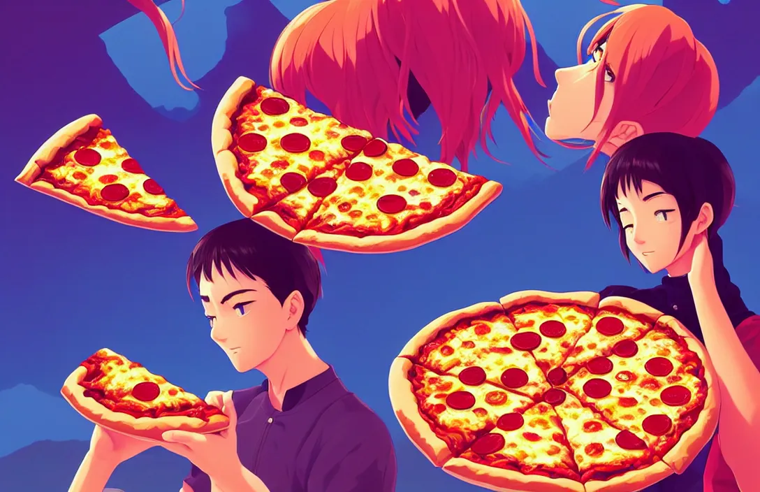 Image similar to portrait of pizza shapes, mount fuji background, rich vivid colors, ambient lighting, dynamic lighting, 4 k, hq, official media, anime key visual, makoto shinkai, ilya kuvshinov, lois van baarle, rossdraws, detailed, trending on artstation