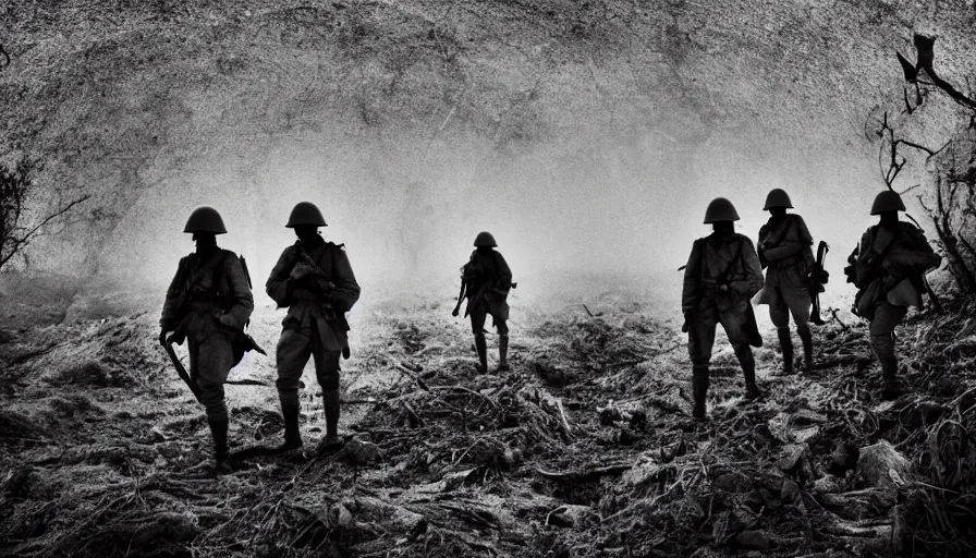 Image similar to ghosts of dead World War 1 soldiers patrolling abandoned WW1 trenches, dirty lens, cinematic lighting, IMAX cinematography, 35mm