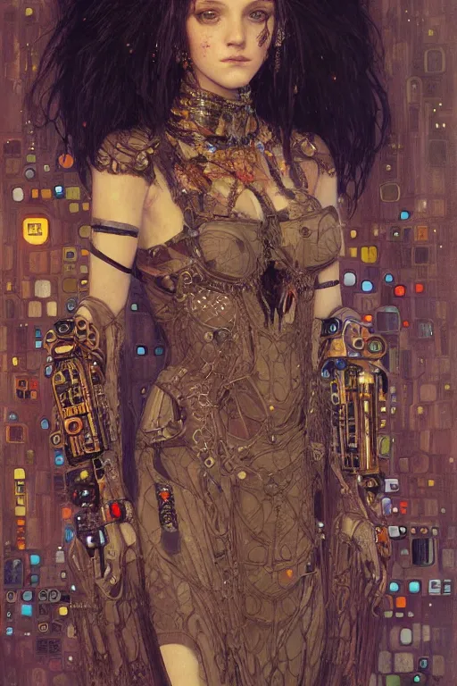 Image similar to portrait of beautiful young gothic maiden, cyberpunk, Warhammer, highly detailed, artstation, illustration, art by Gustav Klimt