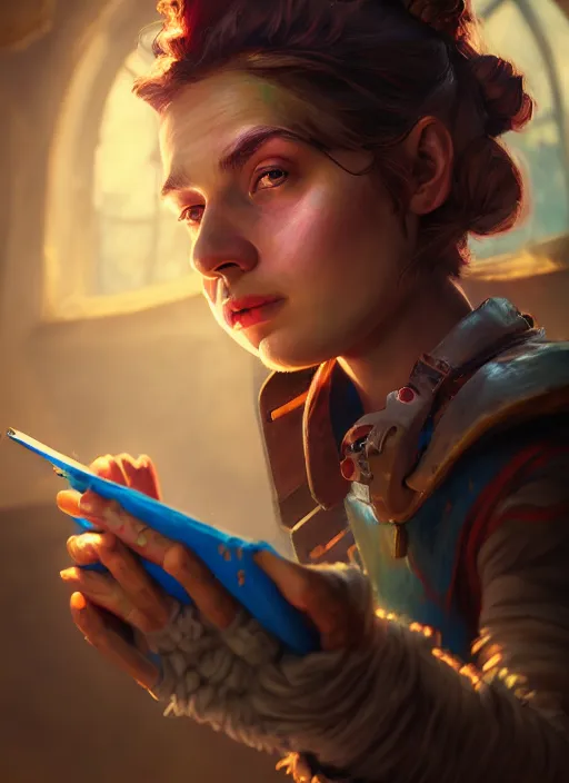 Image similar to An epic fantasy comic book style portrait painting of a young tinker girl working on a device in her workshop, unreal 5, DAZ, hyperrealistic, octane render, cosplay, RPG portrait, dynamic lighting