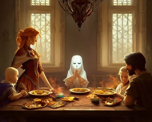 Image similar to a ghost looking at a family eating dinner, deep focus, d & d, fantasy, intricate, elegant, highly detailed, digital painting, artstation, concept art, matte, sharp focus, illustration, hearthstone, art by artgerm and greg rutkowski and alphonse mucha