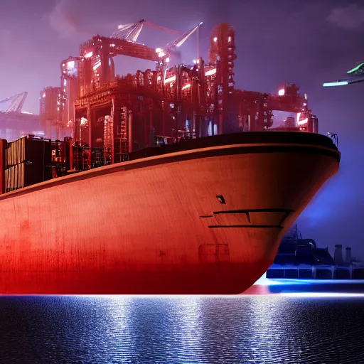 Image similar to photo of Immense industrial futuristic cargo ship arrives at cyber punk city sea port, cinematic lighting, photo