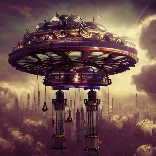 Image similar to flying city in a mechanical flower, sky, steampunk, fantasy art, steampunk, masterpiece, octane