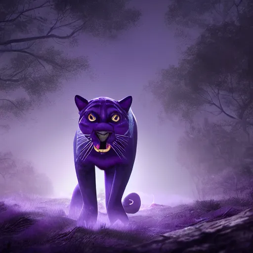 Image similar to a purple panther roaring at the moon in a forest during the night, large moon in the center. trending on artstation. cinematic. photoreal. dark colors. night.