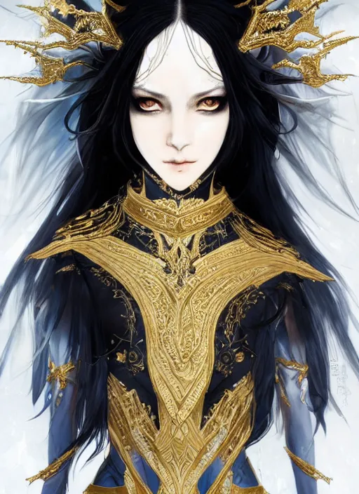 Image similar to Half body portrait of a beautiful elven healer with long straight black hair wearing ornate white and gold attire. In style of Yoji Shinkawa and Hyung-tae Kim, trending on ArtStation, dark fantasy, great composition, concept art, highly detailed, dynamic pose.