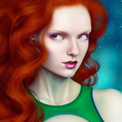 Prompt: Redhead Pleiadian alien human beautiful hybrid feminine woman, long gorgeous red hair in loose curls, with stunning green eyes, cute round face and a roundish nose, as a retro futuristic heroine, gorgeous digital painting, artstation, concept art, smooth, sharp focus, illustration, art by artgerm and donato giancola and Joseph Christian Leyendecker, Ross Tran, WLOP