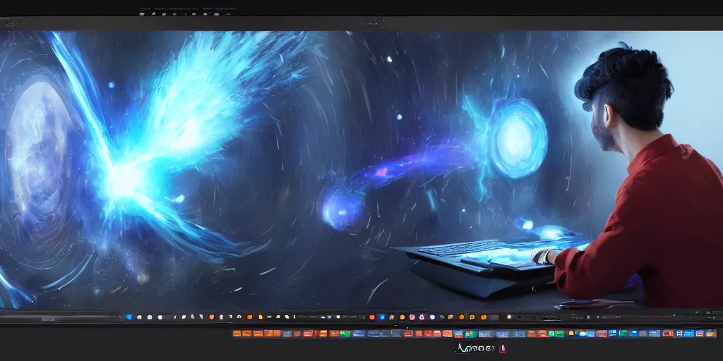 Image similar to a young mage creating a universe in his pc, a male mage in his 2 0 s with black hair sitting in front of wide monitor. hyperrealistic, extremely detailed, award - winning art, trending on artstation