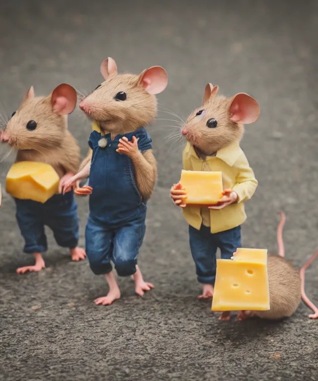 Image similar to high quality presentation photo of cute anthropomorphic mice eating cheese with small people walking around them, photography 4k f1.8 anamorphic bokeh 4k Canon Nikon