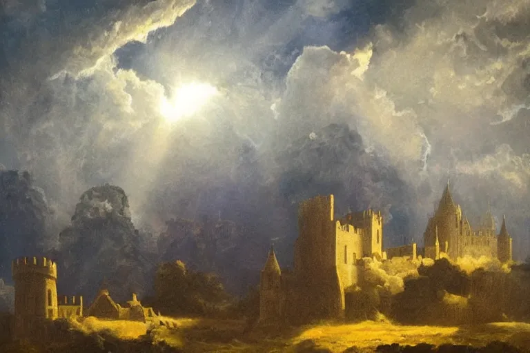 Image similar to Castle just made of clouds, celestial light, divine, in the style of Wylie Beckert