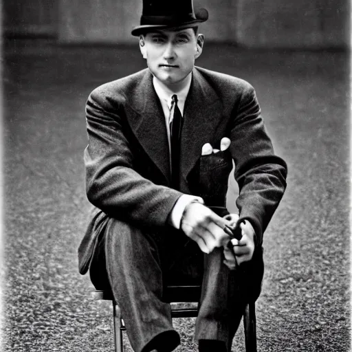 Image similar to a detective sitting down riding something about the killing and he is wearing a suit in a cool 1 9 4 0 s hat in the style of 1 9 4 0 s