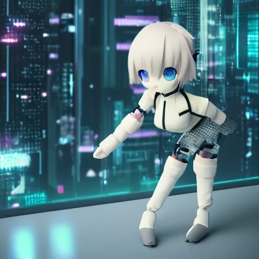 Image similar to cute fumo plush of a girl with a prosthetic mechanical arm, bokeh, cyberpunk anime girl, vray