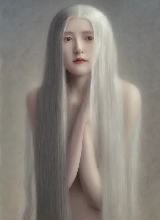 Image similar to tall thin young wan beautiful angel, silver hair so long, pale!, long silver hair, silver angel wings, wan adorable korean face, silver hair!!, style of fernand khnopff and lucien levy - dhurmer, oil on canvas, 4 k resolution, aesthetic!,