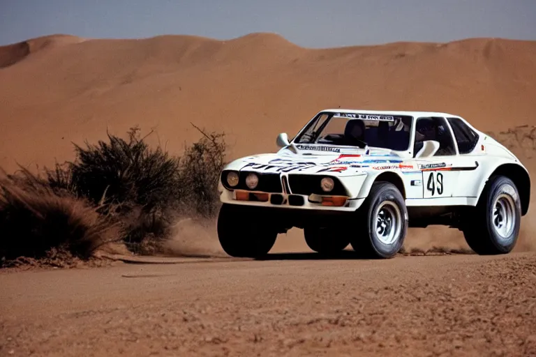 Image similar to 1 9 7 4 bmw m 1 testarossa fj 4 0, dakar rally footage, speed, bladerunner