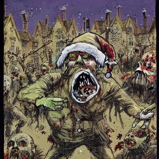 Image similar to Zombie Santa Claus attacking a village, Ralph Steadman, bloody