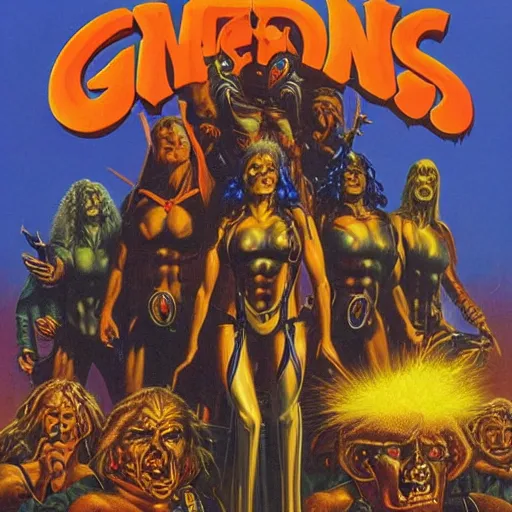 Prompt: power games. artwork for 1 9 8 0 s heavy metal album by greg hildebrandt