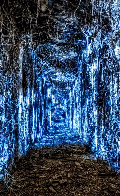 Image similar to vines in a very dark cave, blue lighting, decayed, creepy