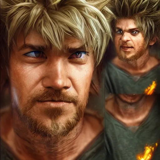 Image similar to shaggy going super sayain, au naturel, hyper detailed, digital art, trending in artstation, cinematic lighting, studio quality, smooth render, unreal engine 5 rendered, octane rendered, art style by klimt and nixeu and ian sprigger and wlop and krenz cushart