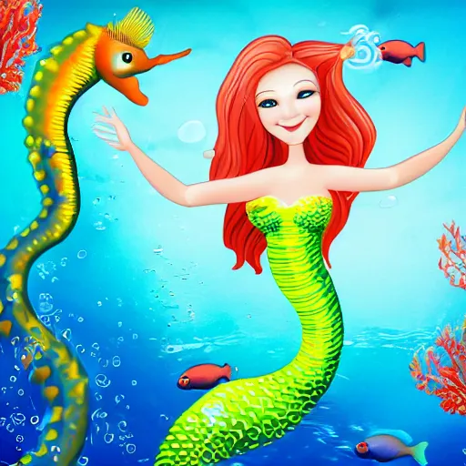 Prompt: photorealistic sexy blonde mermaid riding colorful seahorse under water surrounded by fish, 4 k