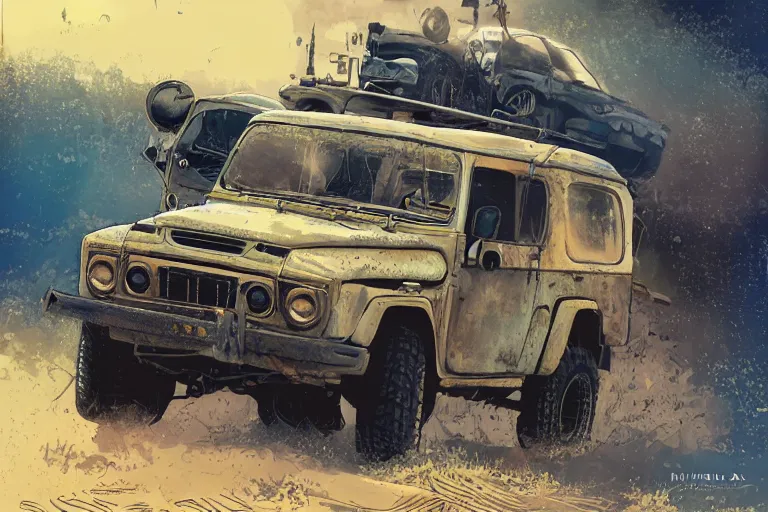 Image similar to digital illustration of mad max's fj 4 0 decrepit pursuit special, rusty nissan fj cruiser 1 9 8 0 s, the last v 8 interceptor by makoto shinkai, ilya kuvshinov, lois van baarle, rossdraws, basquiat