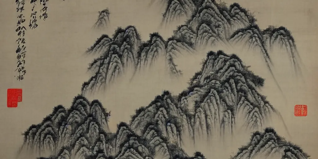 Prompt: A Tang dynasty poem with a beautiful traditional Chinese painting of distant mountains