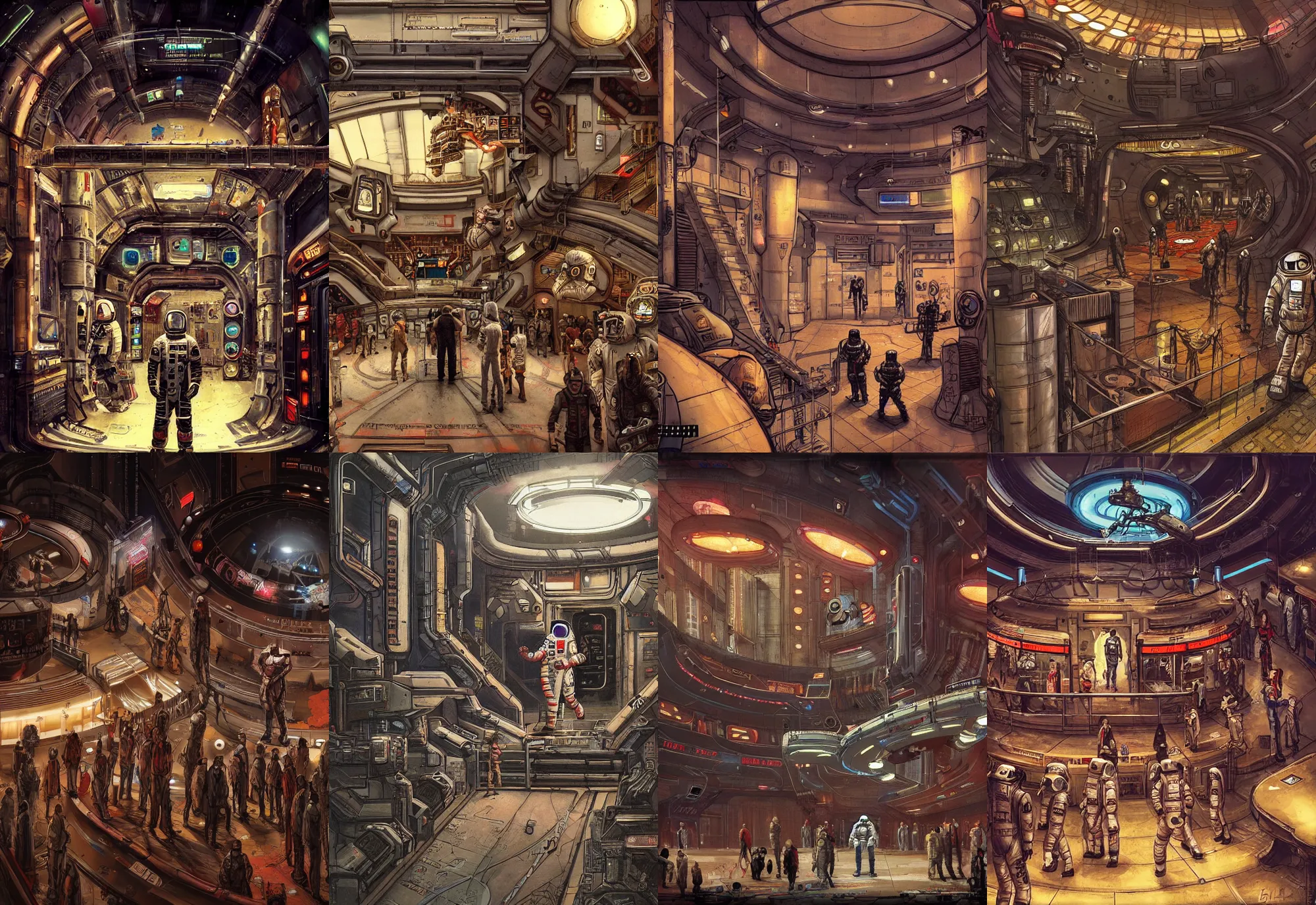 Prompt: an astronaut standing in the entrance to a bustling cyberpunk casino on mars, filled with people, robots, cyborgs, aliens, by enki bilal