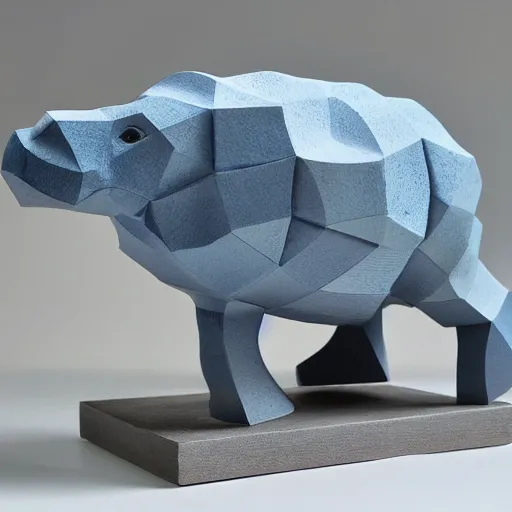 Image similar to a minimalist curvy shaped sculpture of hippopotamus!, ( ( wood ) ) and ( ( blue epoxy ) ) on top mix, cubic blocks stripes cuts, side view profile centered, studio, design, object, reddit