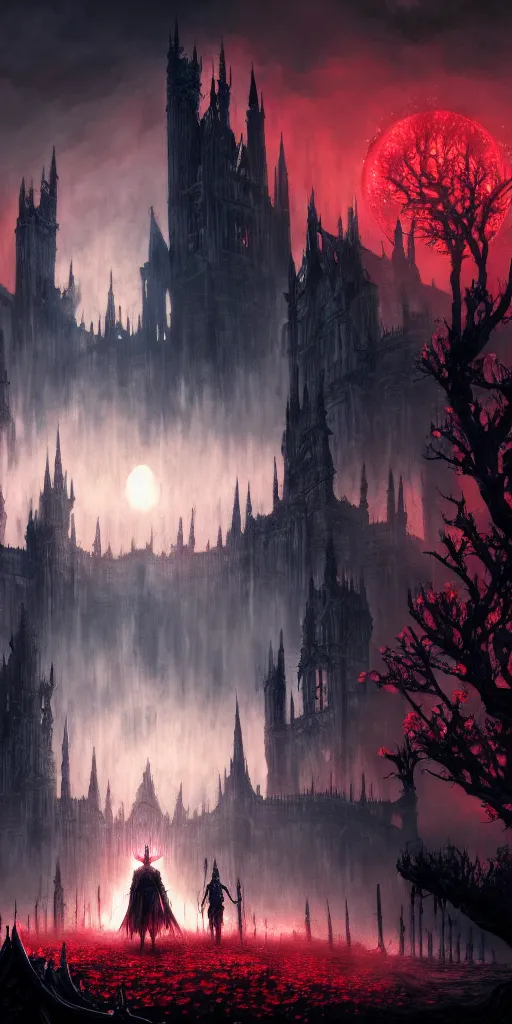 Image similar to populated bloodborne old valley with a obscure person at the centre and a ruined gothic city in the background, trees and stars in the background, falling red petals, epic red - orange moonlight, perfect lightning, wallpaper illustration by niko delort and kentaro miura, 4 k, ultra realistic