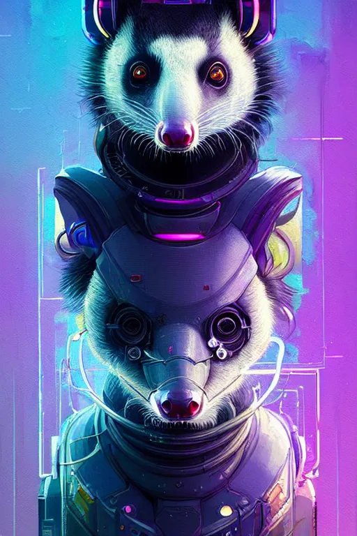 Image similar to a beautiful portrait of a cute cyberpunk opossum by sandra chevrier and greg rutkowski and wlop, purple blue color scheme, high key lighting, volumetric light, digital art, highly detailed, fine detail, intricate, ornate, complex, octane render, unreal engine, photorealistic