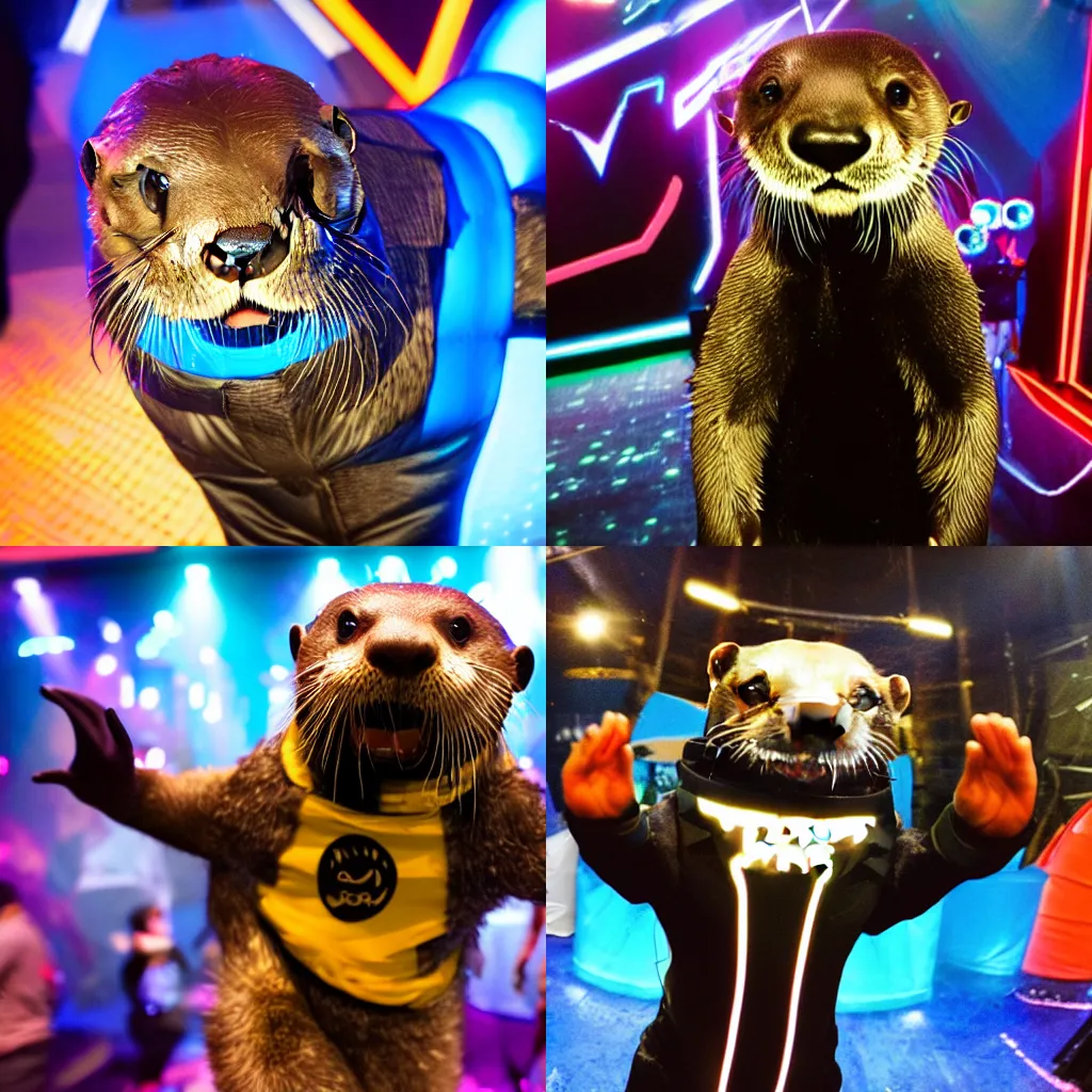 Prompt: an otter in a tron suit at a rave