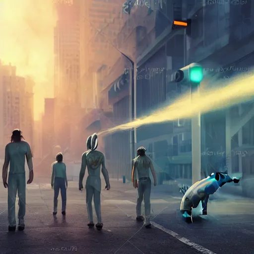Image similar to apocalyptic, dolphin aliens walking on the future streets. smoke. volumetric lighting, sharp focus, ultra detailed, cgsociety - w 1 0 2 4 - n 8 - i