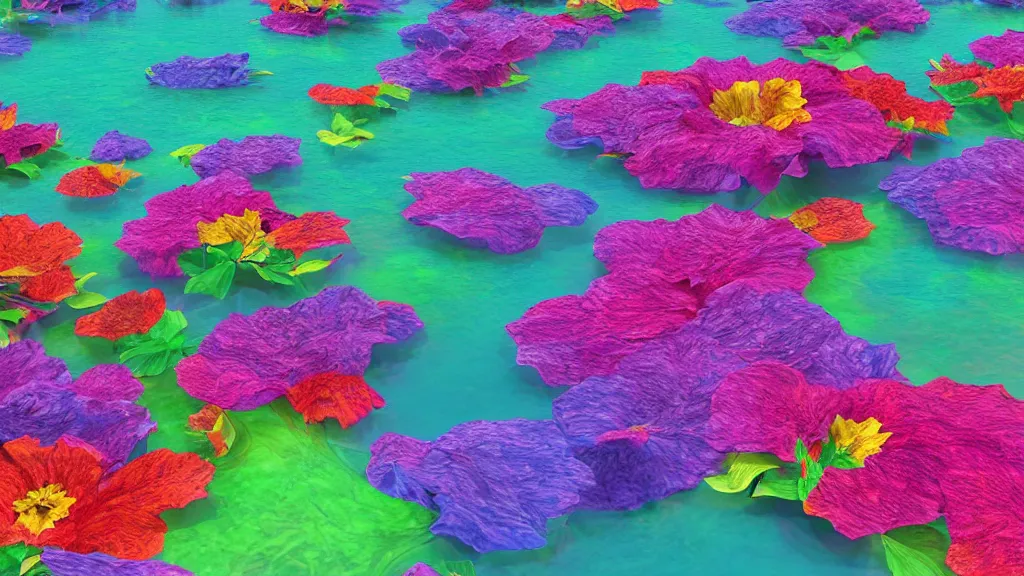 Prompt: digital illustration of a lake full of giant multi - colored petunia flowers by dr. seuss, reimagined by ilm and beeple : 1 | megaflora, spectral color, electric color, rolling hills : 0. 9 | fantasy : 0. 9 | unreal engine, deviantart, artstation, hd, 8 k resolution : 0. 8