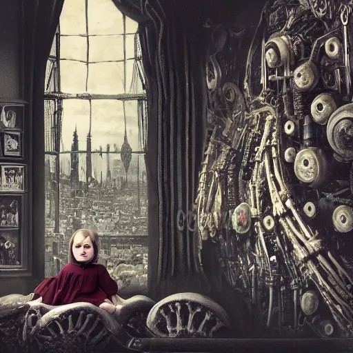 Image similar to a color photo of young sad victorian gothic child with big eyes and wide grin sitting on a sofa of bones surrounded by a cyber futuristic cityscape made of human body parts, ultra detailed, 8 k resolution, beautiful lighting, expansive detailed layered city, landscape, sigma 8 5 mm, award winning photography, perfect faces