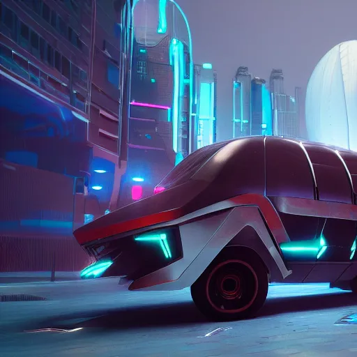 Image similar to cyberpunk alien concept of the a - team van with a pair of alien spaceship wings on the sides flying trough the sky, futuristic look, highly detailed body, very powerful, photorealistic camera shot, crisp quality and light reflections, unreal engine 5 quality render