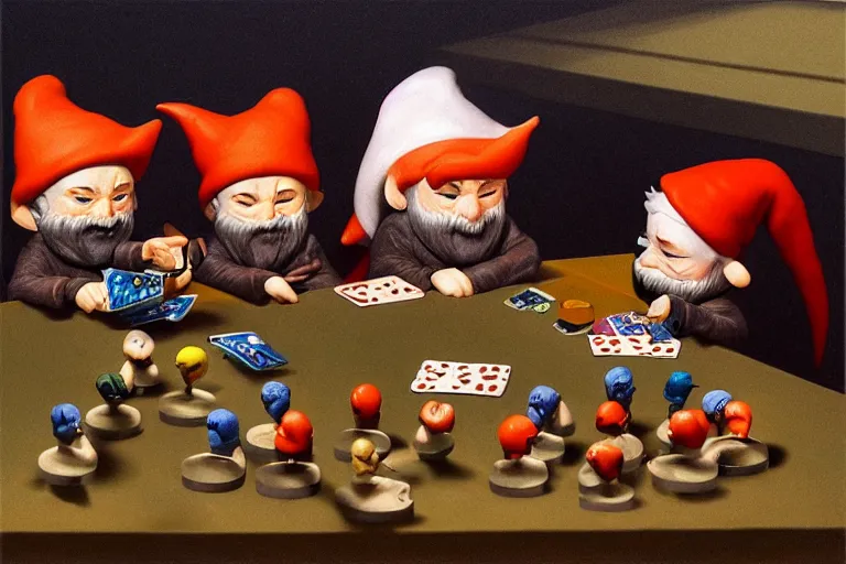 Prompt: nendoroid gnomes playing board games by beksinski, dark canvas, in the style of edward hopper rodcenko yue minjun caravaggio, intricate details, hard shadows, artstation