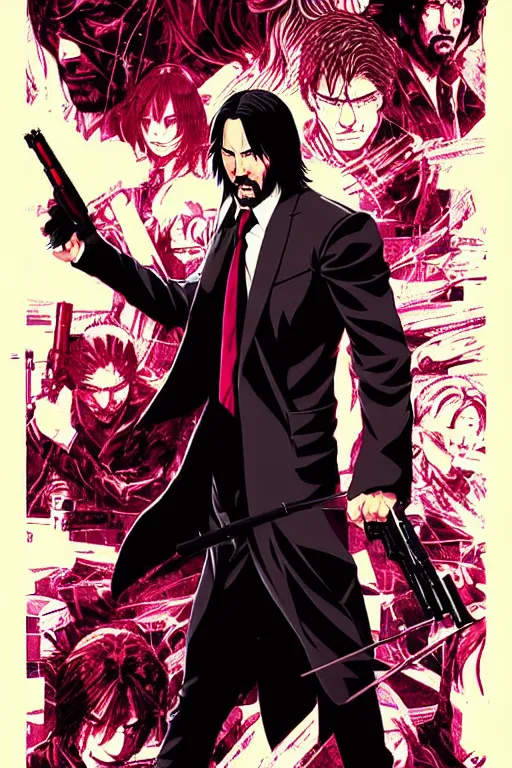 Image similar to poster of john wick, in anime style, by yoichi hatakenaka, masamune shirow, josan gonzales and dan mumford, ayami kojima, takato yamamoto, barclay shaw, karol bak, yukito kishiro