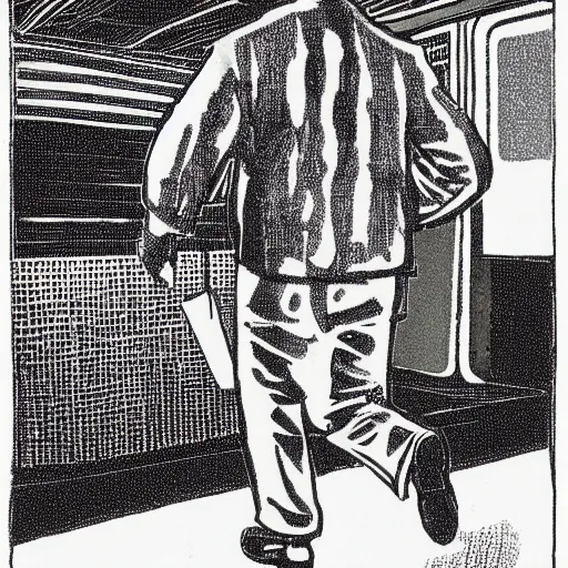 Image similar to a risograph print of a man walking into a New York City subway station