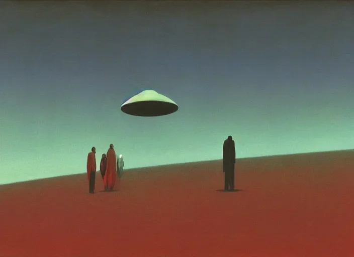 Prompt: painting of a ufo cult, science fiction, Edward Hopper and James Gilleard, Zdzislaw Beksinski, highly detailed, cinematic, rule of thirds