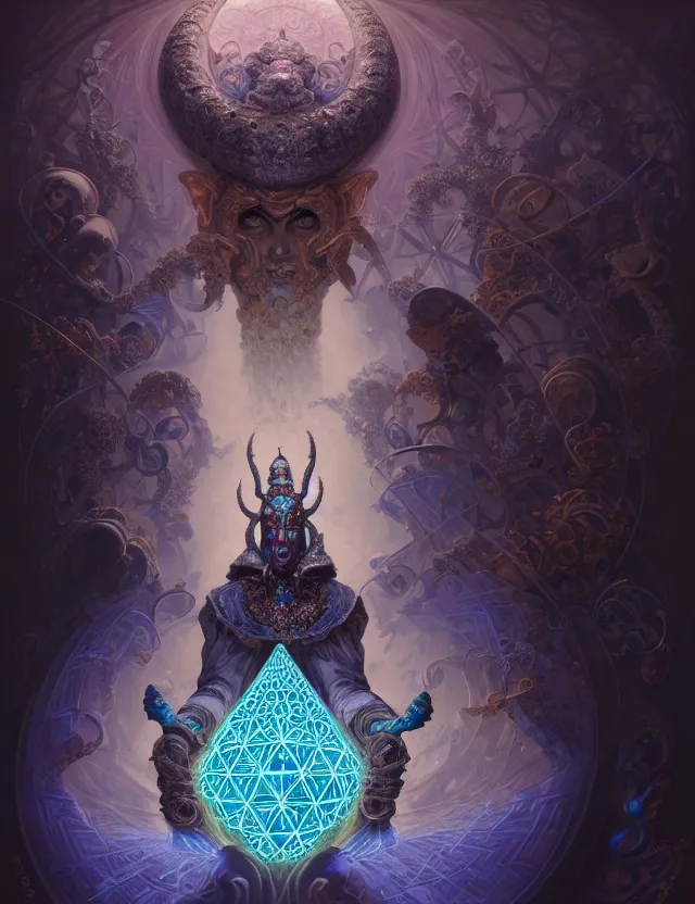 Image similar to front shot of a court jester character, hyperdimensional, bioluminescent hypercubes, ((intricate)), elegant, highly detailed, centered, (((artstation, concept art, smooth, sharp focus, artgerm, Tomasz Alen Kopera, Peter Mohrbacher, donato giancola, Joseph Christian Leyendecker, WLOP, Boris Vallejo))), mugshot!!!!!, ugly!!!!!!, octane render, nvidia raytracing demo, grainy, muted, 8K, digitalblasphemy