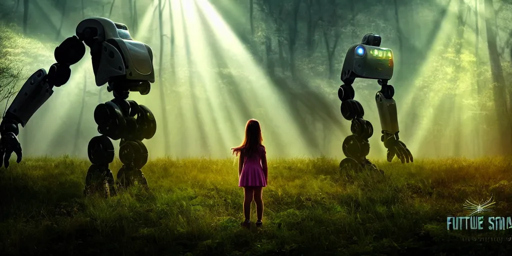 Image similar to sci - fi scene future new york, little girl holding a hand of a big robot, forest punk, crepuscular rays, epic scene, hyper realistic, photo realistic, overgrowth, cinematic atmosphere, ethereal lighting