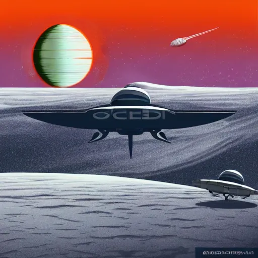 Prompt: a small spaceship landed on an ice covered planet, gradient sunset in the background retro vintage science fiction art