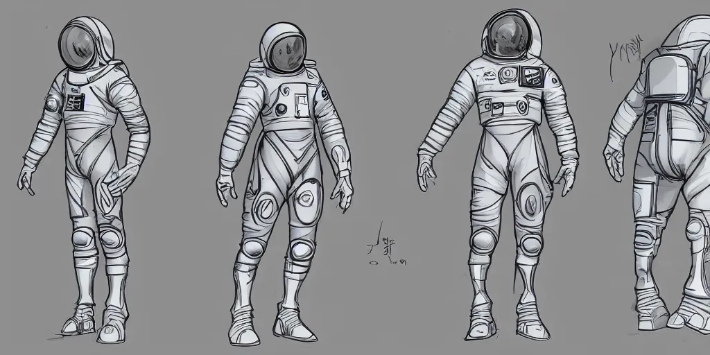 Prompt: male, space suit, character sheet, concept art, very stylized, large shoulders, short torso, long thin legs, cartoon proportions, tiny feet, concept design, by jean giraud