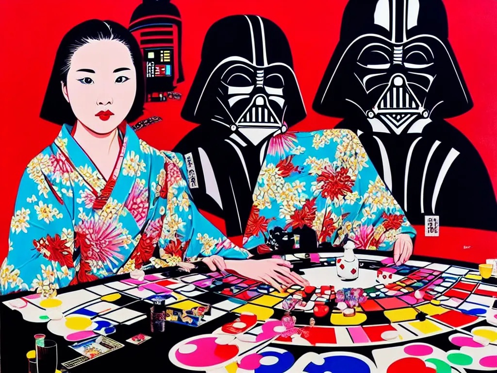 Image similar to hyperrealistic composition of the detailed woman in a japanese kimono sitting at a poker table with detailed darth vader, fireworks, mount fuji on the background, pop - art style, jacky tsai style, andy warhol style, acrylic on canvas