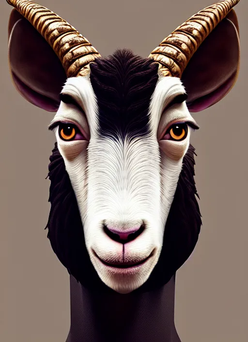 Image similar to anthropomorphic portrait of will smith as a goat, au naturel, hyper detailed, digital art, trending in artstation, cinematic lighting, studio quality, smooth render, unreal engine 5 rendered, octane rendered, art style by klimt and nixeu and ian sprigger and wlop and krenz cushart