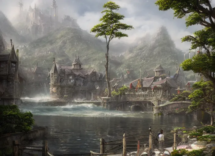 Image similar to A fishing port near the ocean in a beautiful elven city made of white marble, anime, lush trees, fountain, a fantasy digital painting by Greg Rutkowski and James Gurney, trending on Artstation, highly detailed