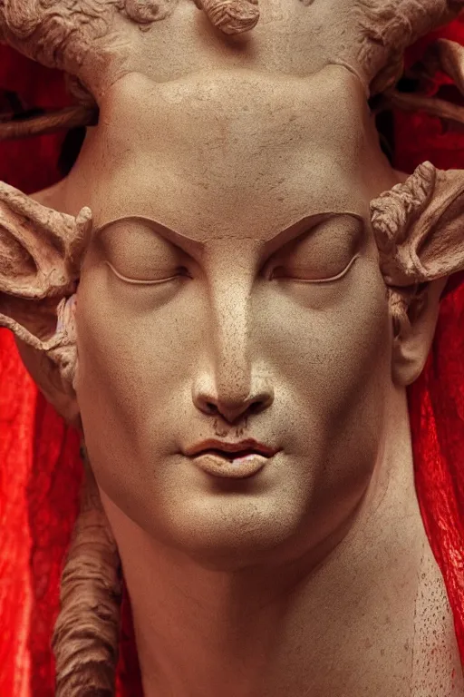 Image similar to a cinematic view of a ornated holy sacred faun statue using a old red silk veil made by hedi xandt, chris haas and bernini, realistic, macabre art, detailed image, photorealistic, volummetric light