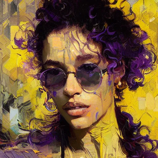 Image similar to portrait of a beautiful woman with dark curls, ecstatic, brown skin, mouth half open, eyes closed, shades of yellow and purple, rule of thirds, intricate patterns, spotlight, by greg rutkowski, by jeremy mann, by francoise nielly, by van gogh, digital painting