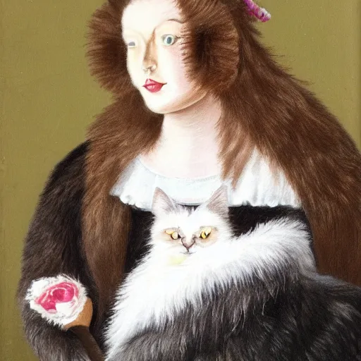 Prompt: a dark tabby fluffy cat as a biedermeier lady