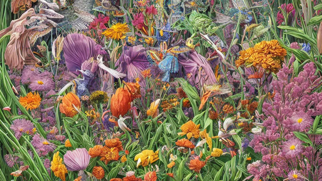 Image similar to highly detailed illustration all the known species of flowers by juan gatti!!, by gottfried bammes, by george bridgman, by moebius!, by oliver vernon, by joseph moncada, by damon soule, by manabu ikeda, by kyle hotz, by dan mumford, by kilian eng