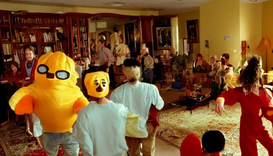 Prompt: 1990s candid 35mm photo of a beautiful day in the living room, cinematic lighting, cinematic look, golden hour, large costumed mascot business fruit people dancing for families, Enormous personified business fruit people with outstandingly happy faces talking to families about space with computers, UHD