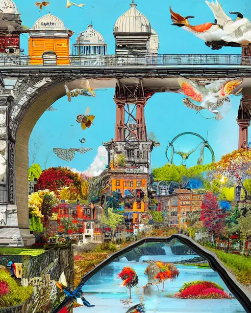 Image similar to detailed bridge with unexpected maximalist elements. 8x HD mixed media 3D collage in the style of an hyperdetailed childbook illustration in soft natural tones. matte background no frame HD